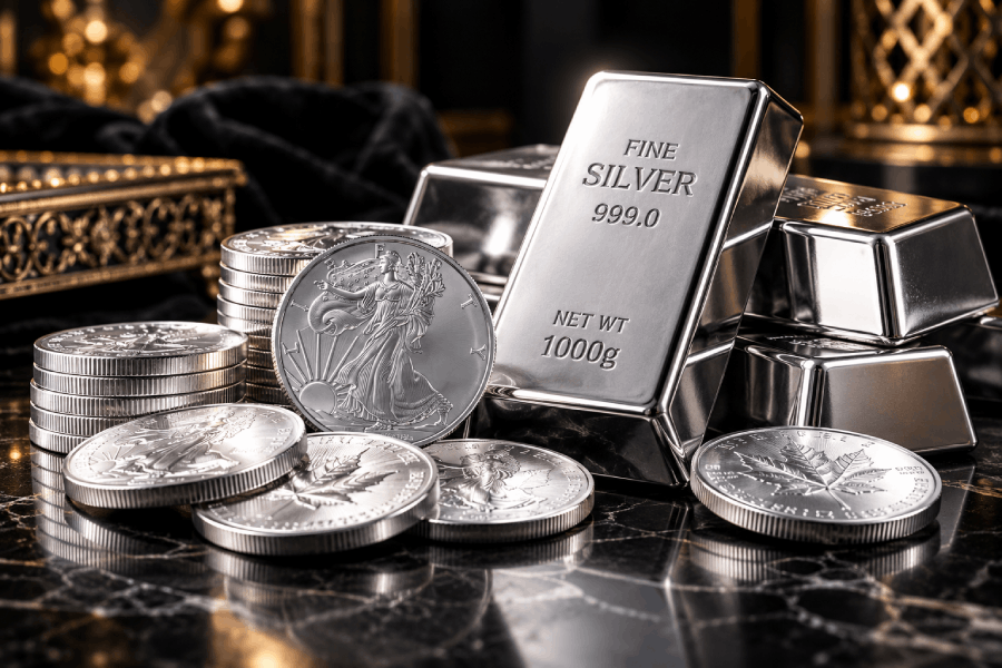 Silver bullion and silver coins